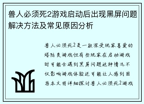 兽人必须死2游戏启动后出现黑屏问题解决方法及常见原因分析